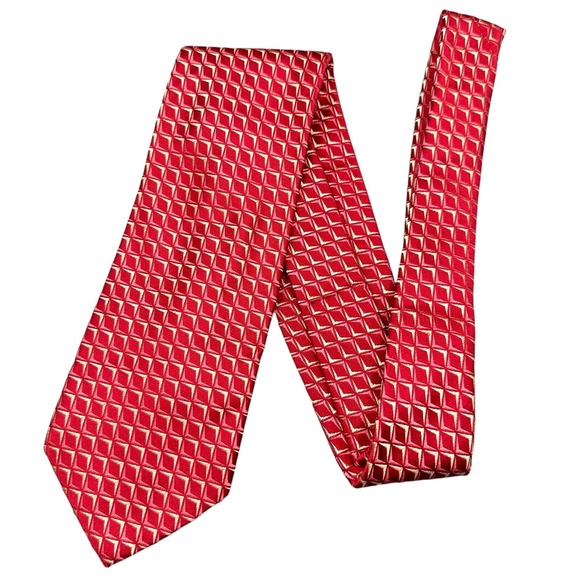 BOSS Hugo Boss Tie Mens Red Square Diamond Geometric Silk Luxury Necktie‎ Italy - Picture 1 of 5